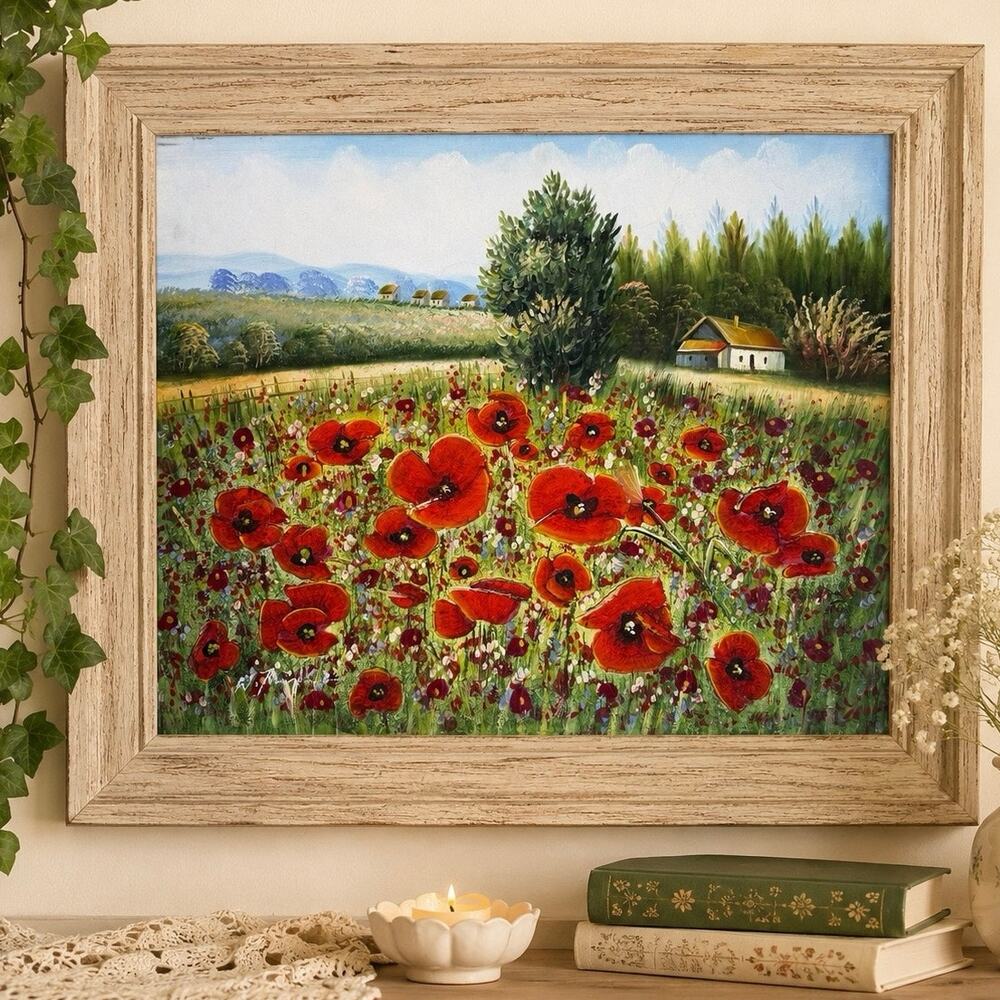 Original Field Of Poppies Hand Painted Scenic Country Landscape Impasto 20x24
